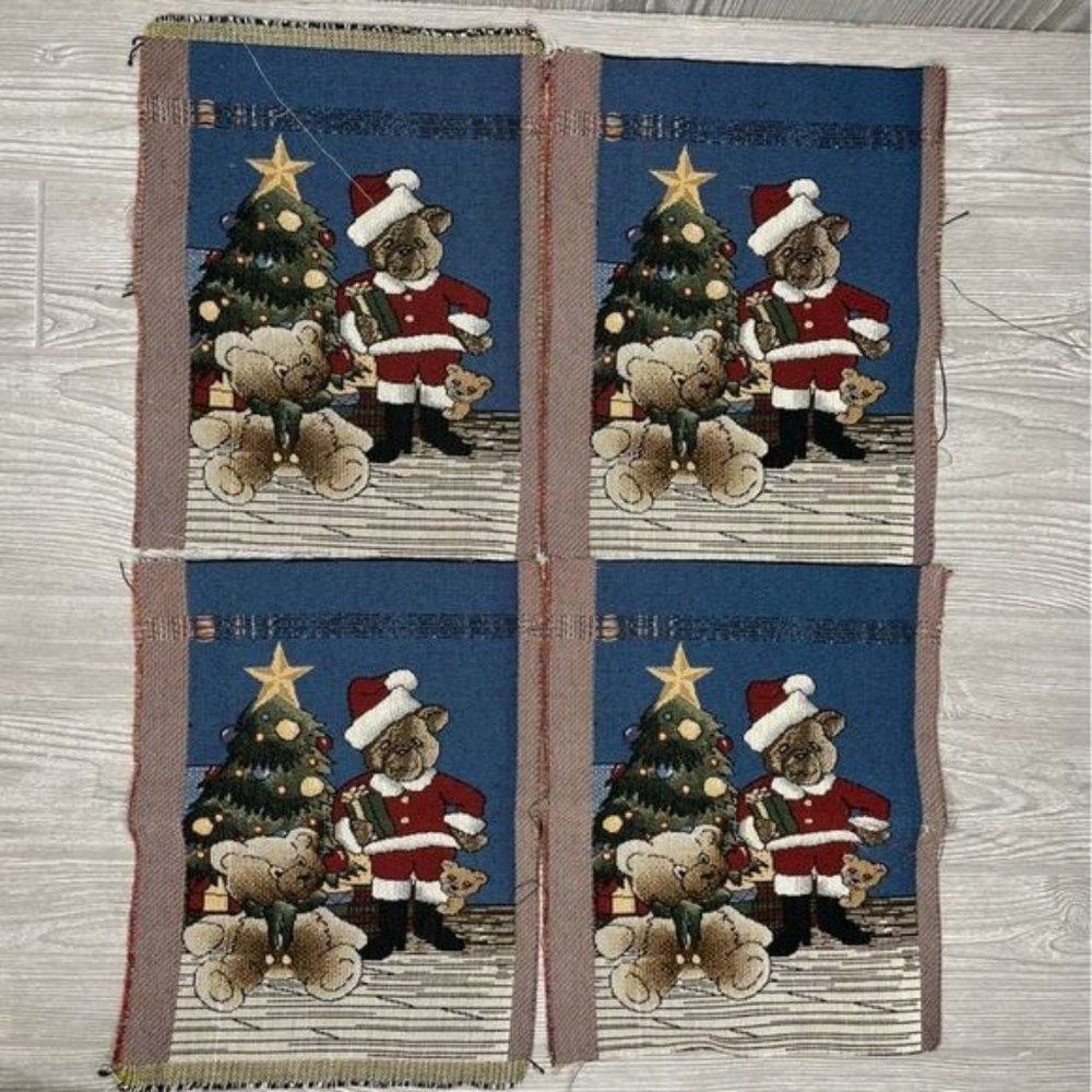 4 vintage Christmas Santa teddy bear tapestry square approximately 11x14 inches